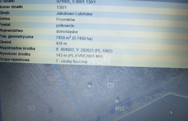 Jakubowo Lubińskie, gmina Przemków, działka 7459 m2, sprzedam, 175 000 zł.  
  
Na sprzedaż działka o powierzchni 74,59 ar z wy