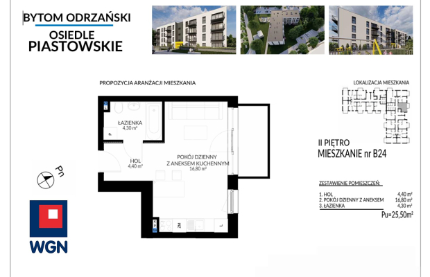 Bytom Odrzański, mieszkanie w stanie deweloperskim, 25,50 m2, 1 pokój, II piętro, balkon, cena 170 850 zł, sprzedam.  
  
Na sp