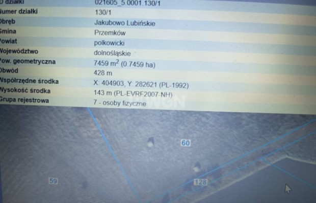Jakubowo Lubińskie, gmina Przemków, działka 7459 m2, sprzedam, 175 000 zł.  
  
Na sprzedaż działka o powierzchni 74,59 ar z wy