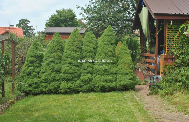 Działka ROD zabudowana budynkiem murowanym.