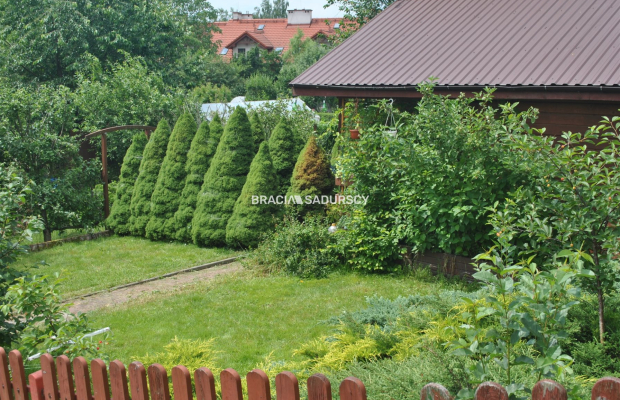 Działka ROD zabudowana budynkiem murowanym.