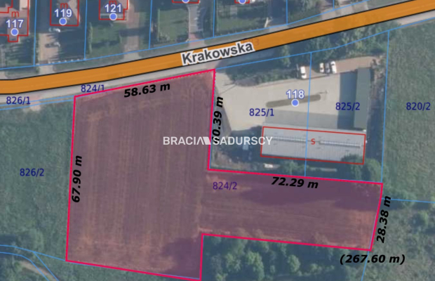 Działka budowlana w Jaśkowicach k/Skawiny gm. Skawina, powiat krakowski. Działka o powierzchni 6200 m2 i wymiarach części główn