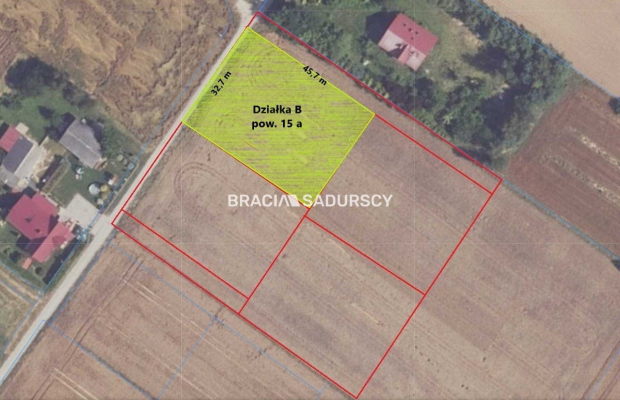 Działka budowlana Sieciechowice blisko Krakowa / Iwanowic. Piękna, widokowa działka o wymiarach 35,7 m szerokości (front) i 42,