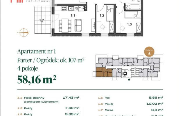 Centrum Rypina, 4 pokoje, 58,16mkw, ogródek 107mkw