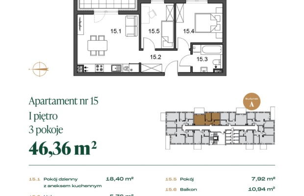 46,36 mkw, 3 pokoje, balkon, 1. piętro – Rypin