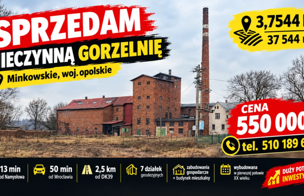 Sprzedam nieczynną gorzelnię w miejscowości Minkowskie 3,7544 ha