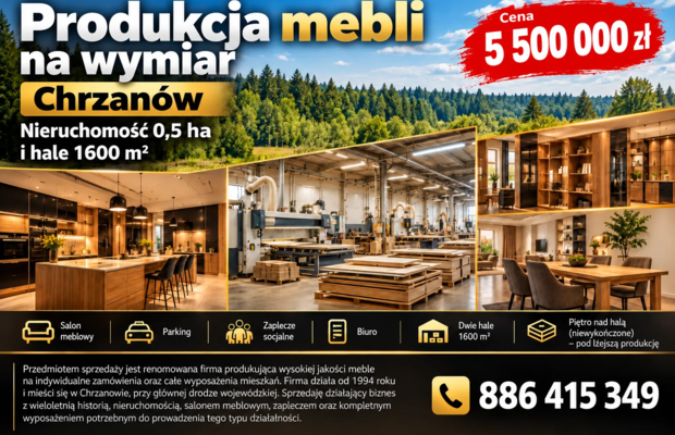 Produkcja mebli na wymiar, Chrzanów - nieruchomość 0,5 ha i hale 1600 m²