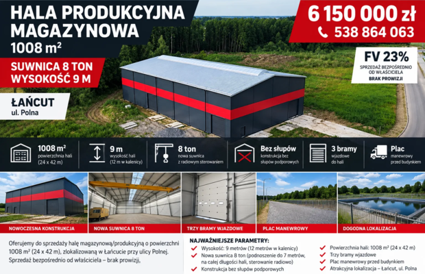 Hala produkcyjna - magazynowa 1008 m2 SUWNICA 9 m FV23%