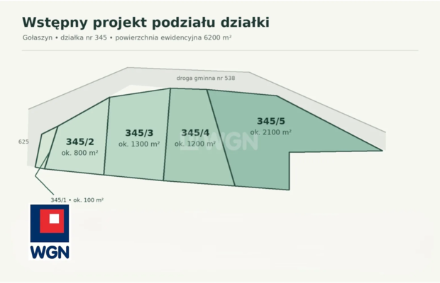 Gołaszyn, gm Nowe Miasteczko, działka 6200 m2 z warunkami zabudowy na 3 domy.  
  
Na sprzedaż działka nr 345 o powierzchni 620