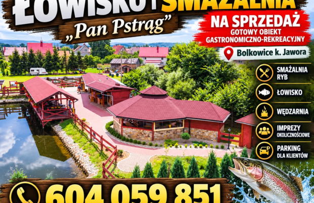 Łowisko i smażalnia „Pan Pstrąg” na sprzedaż – gotowy obiekt gastronomiczno-rekreacyjny, Bolkowice k. Jawora