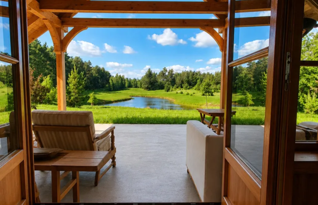 Drewniany dom premium nad stawem | 1 ha | Sauna |