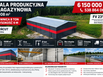 Hala produkcyjna - magazynowa 1008 m2 SUWNICA 9 m FV23%